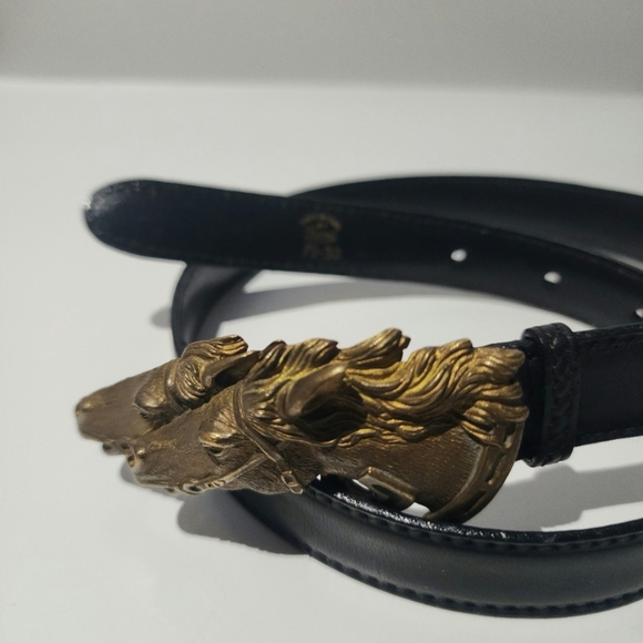 Rare Vintage x 70s Gucci Double Horse Head Bronze Buckle Leather Belt - Picture 2 of 10